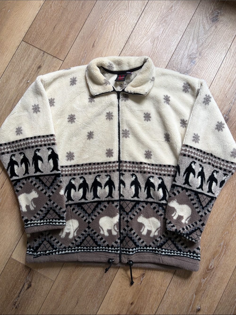 Vtg MazMania Penguin Fleece Jacket L Full Zip Nature Deep Pile AOP USA Made